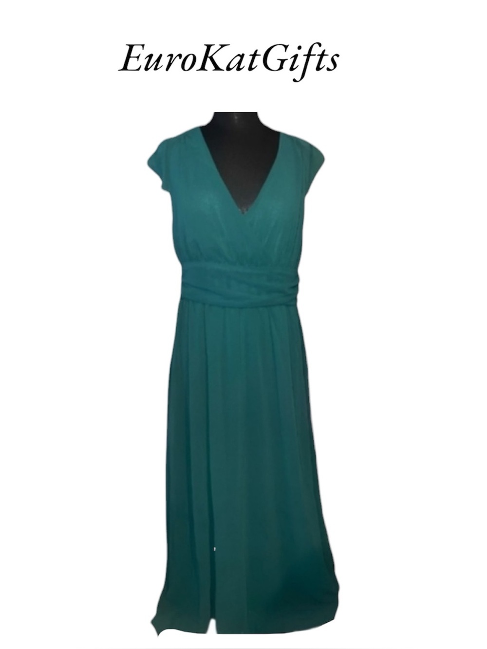 Teal Green V-neck ruched waist Maxi Dress zip side lined lightweight pre loved